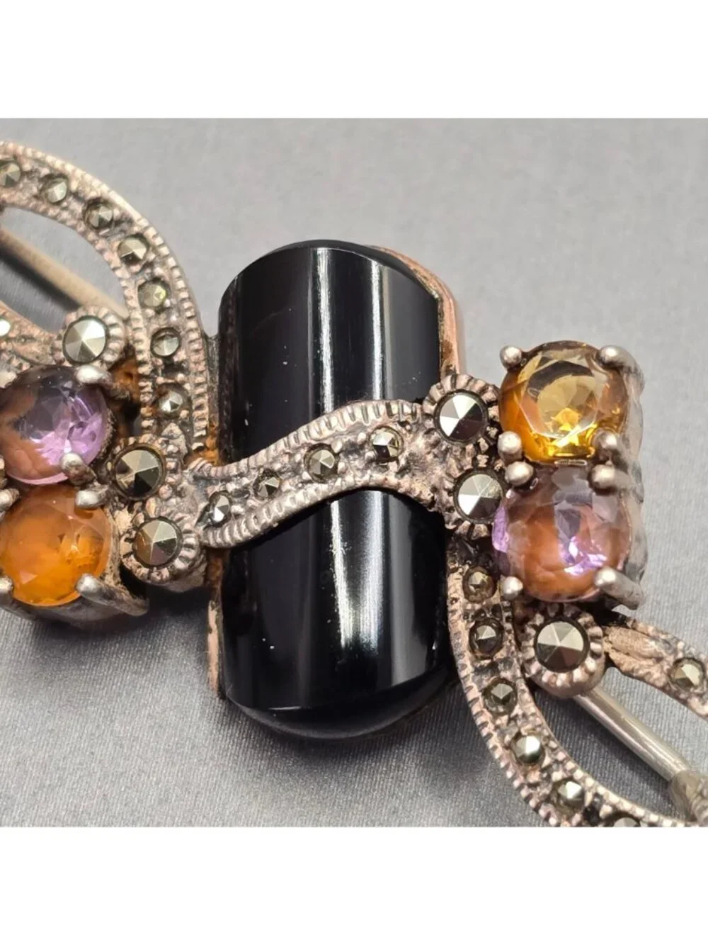 Art Deco Sterling Silver Onyx Amethyst Citrine Marcasite Brooch Vintage C Mark - Picture 5 of 15